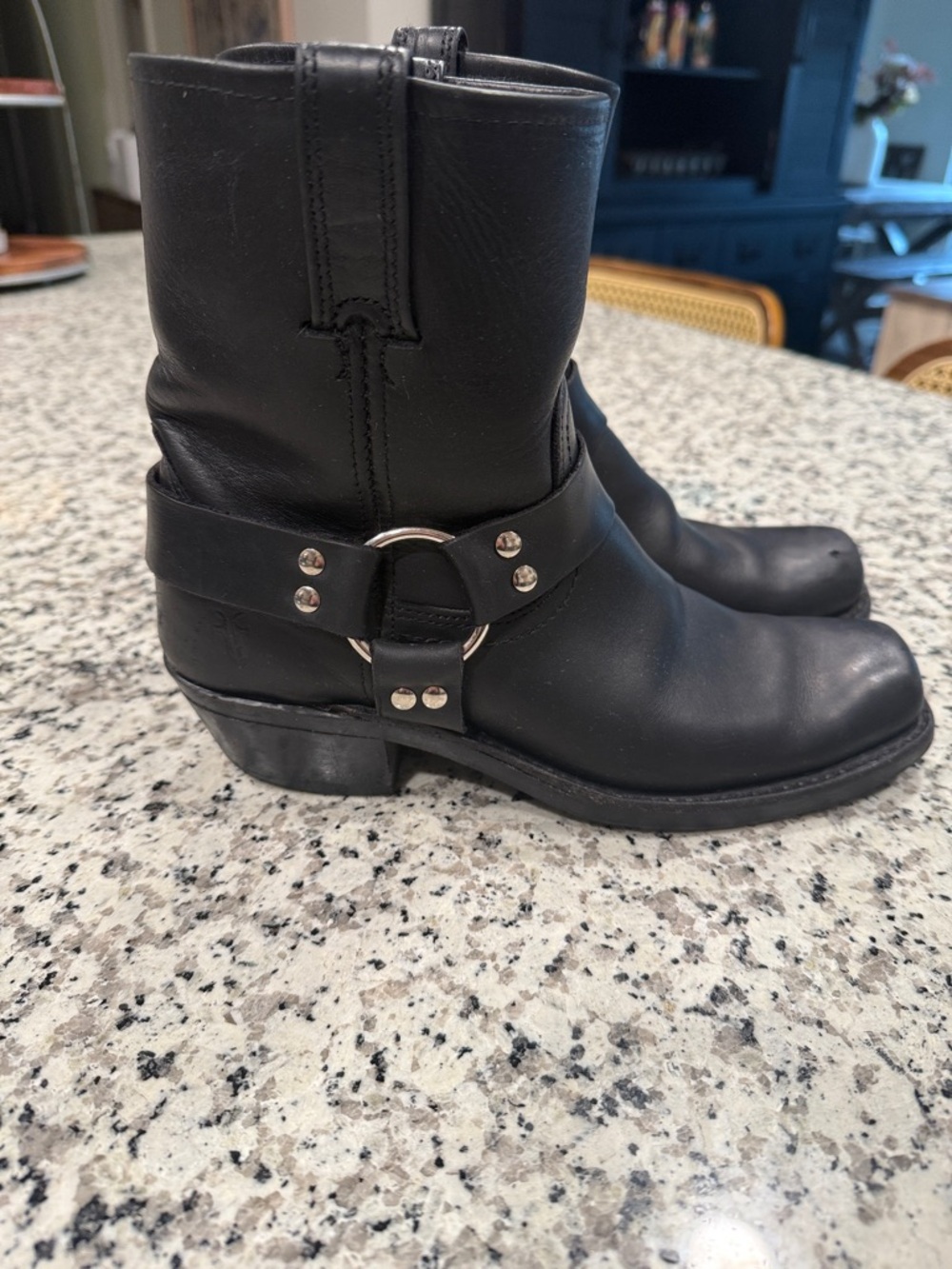 Frye Black Leather Harness Boots Heeled Womens 9 Motorcycle